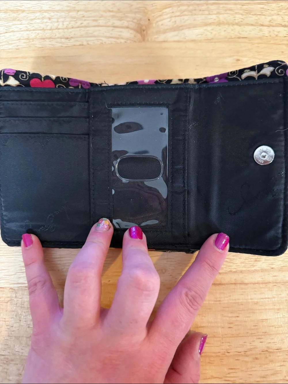 Vera Bradley Black Quilted Floral Wallet with Pink, Yellow & Teal Accents - Picture 3 of 3